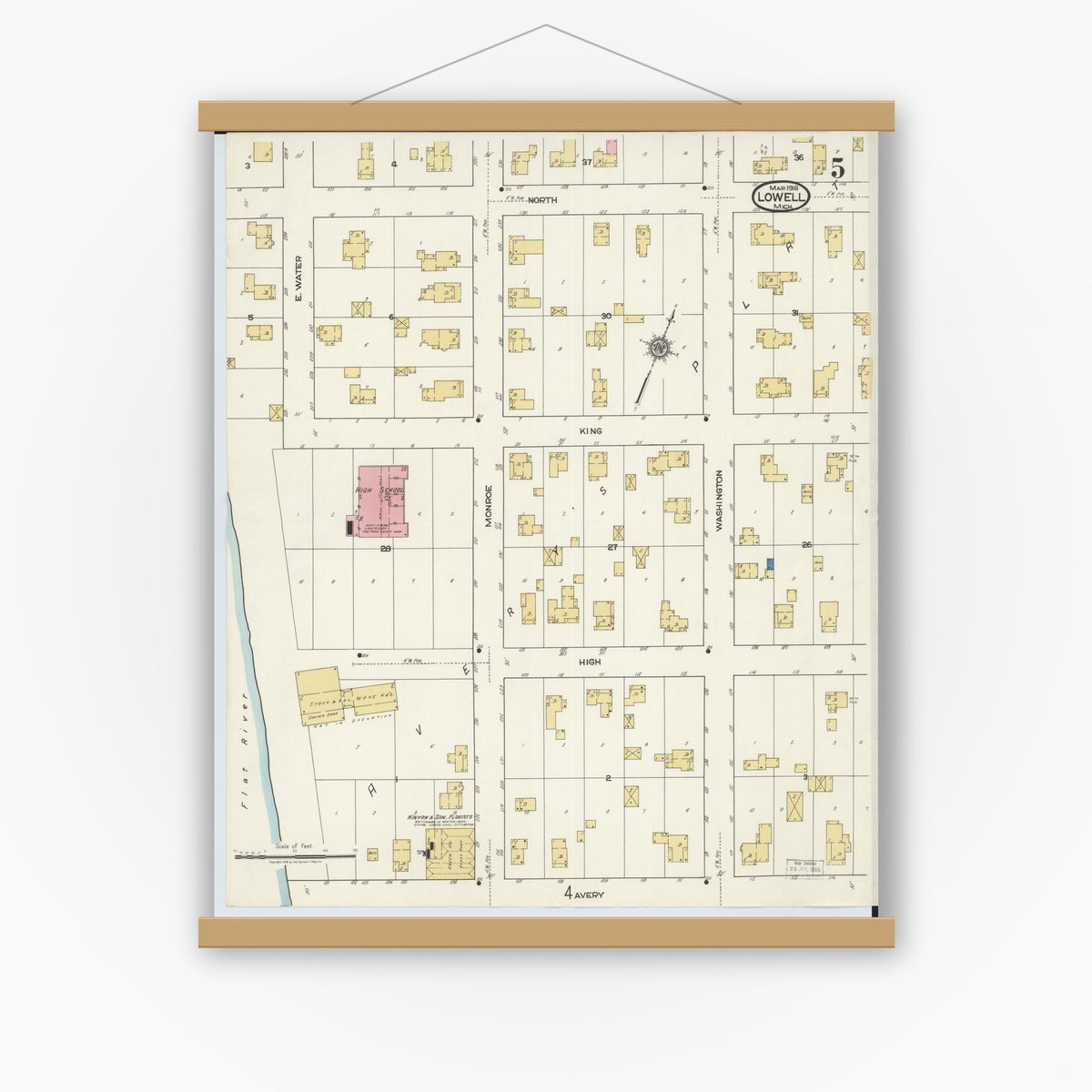 Old map wall art mockup — magnetic wood frame on white wall — Sanborn Fire Insurance Map from Lowell, Kent County, Michigan (1918), Sheet #0005