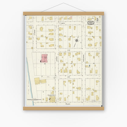 Old map wall art mockup — magnetic wood frame on white wall — Sanborn Fire Insurance Map from Lowell, Kent County, Michigan (1918), Sheet #0005