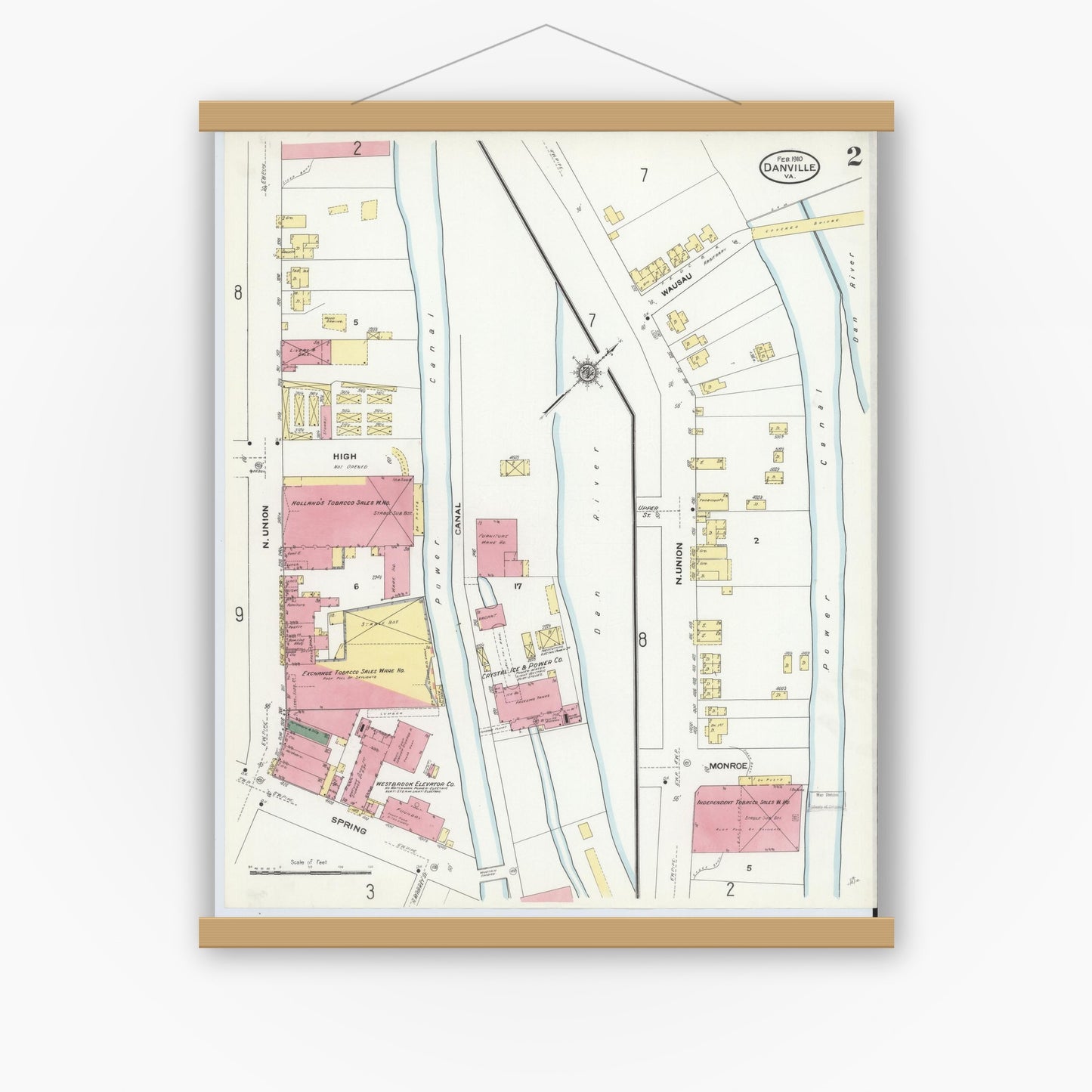 Old map wall art mockup — magnetic wood frame on white wall — Sanborn Fire Insurance Map from Danville, Independent Cities, Virginia (1910), Sheet #0002