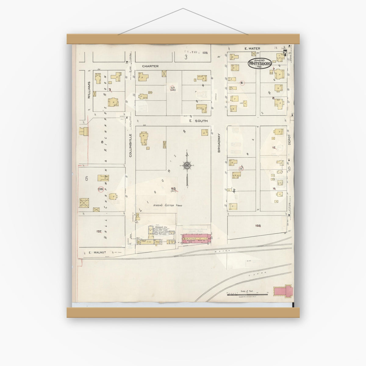 Old map wall art mockup — magnetic wood frame on white wall — Sanborn Fire Insurance Map from Whitesboro, Grayson County, Texas (1943), Sheet #0007