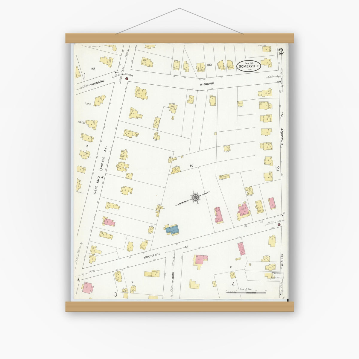 Old map wall art mockup — magnetic wood frame on white wall — Sanborn Fire Insurance Map from Somerville, Somerset County, New Jersey (1910), Sheet #0002