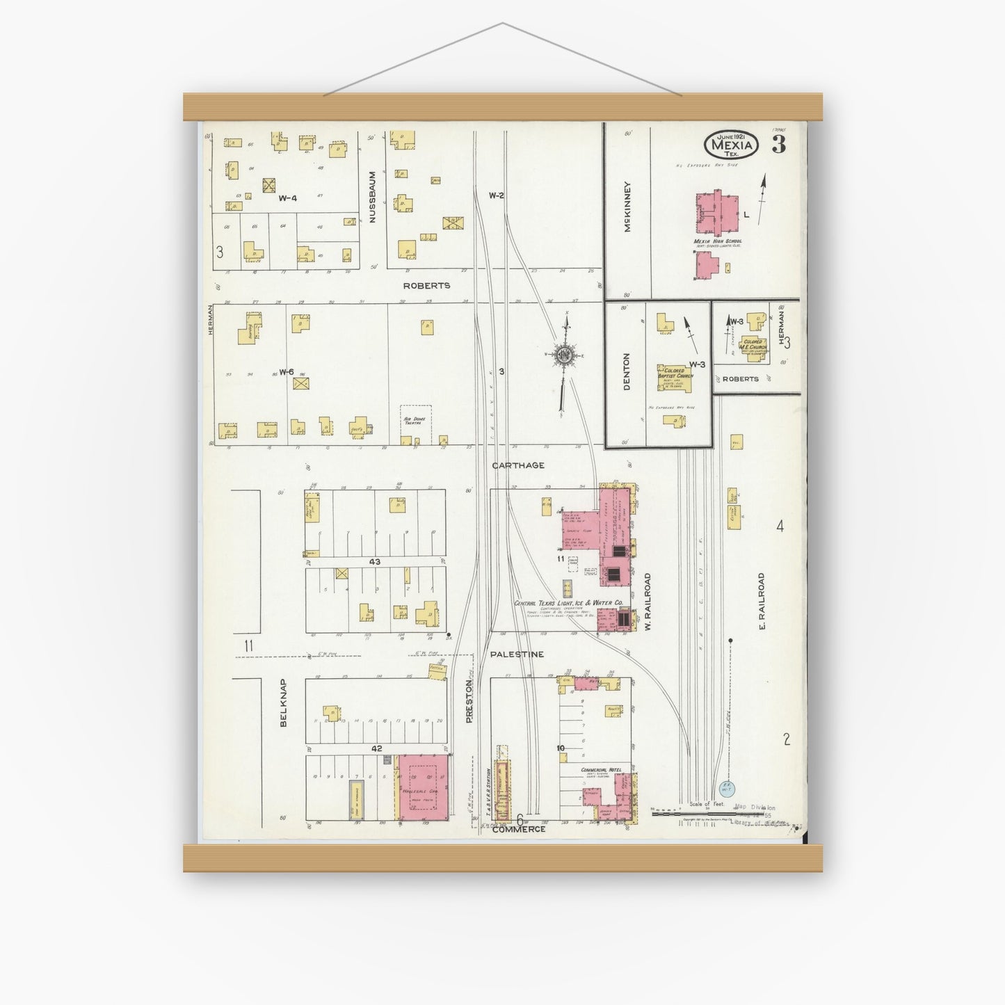 Old map wall art mockup — magnetic wood frame on white wall — Sanborn Fire Insurance Map from Mexia, Limestone County, Texas (1921), Sheet #0003