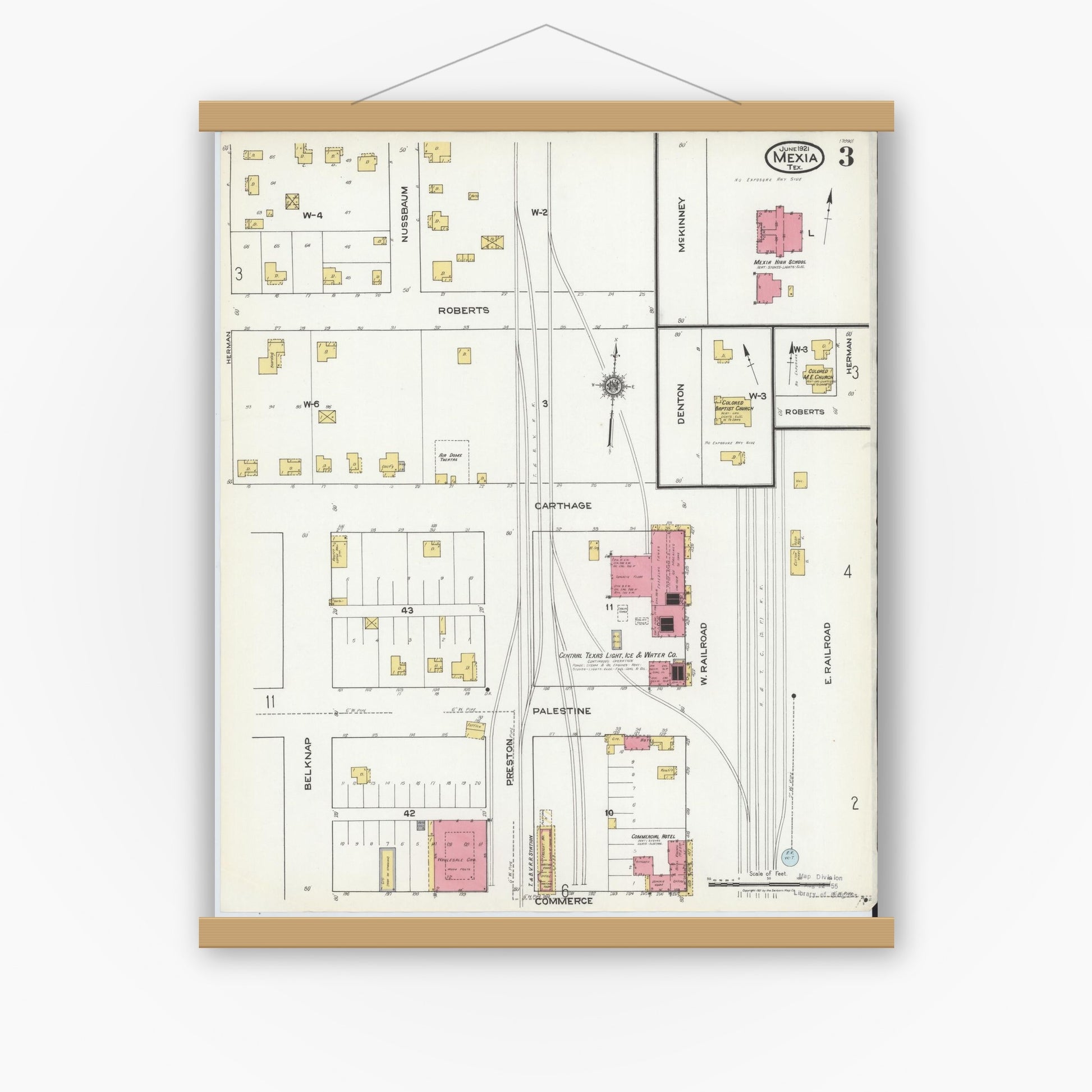 Old map wall art mockup — magnetic wood frame on white wall — Sanborn Fire Insurance Map from Mexia, Limestone County, Texas (1921), Sheet #0003