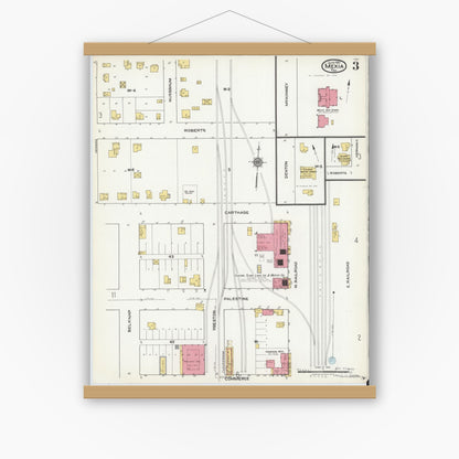 Old map wall art mockup — magnetic wood frame on white wall — Sanborn Fire Insurance Map from Mexia, Limestone County, Texas (1921), Sheet #0003