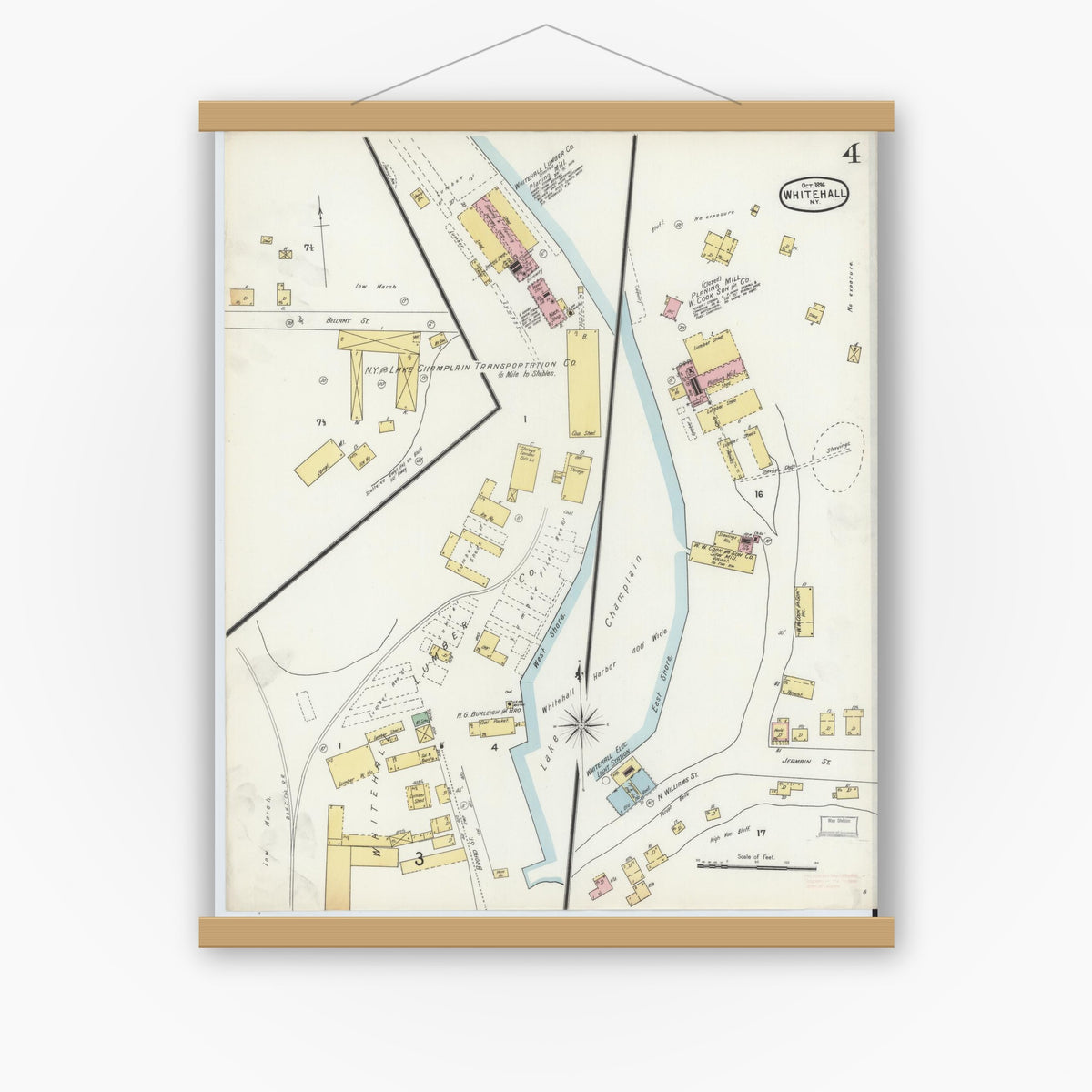 Old map wall art mockup — magnetic wood frame on white wall — Sanborn Fire Insurance Map from Whitehall, Washington County, New York (1896), Sheet #0004