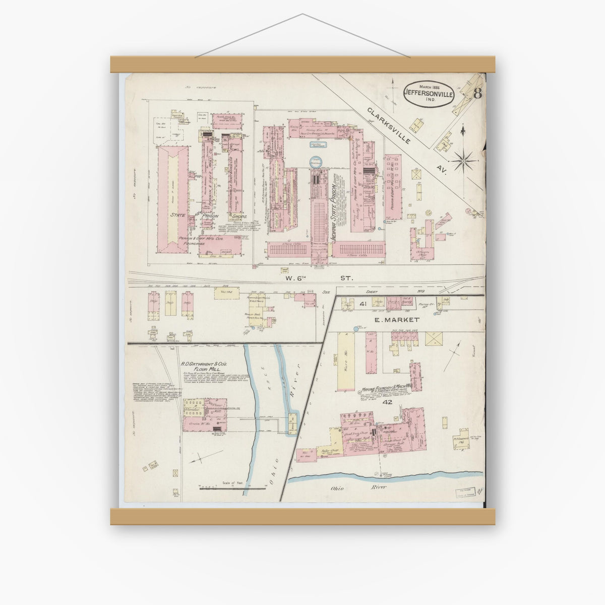 Old map wall art mockup — magnetic wood frame on white wall — Sanborn Fire Insurance Map from Jeffersonville, Clark County, Indiana (1886), Sheet #0008
