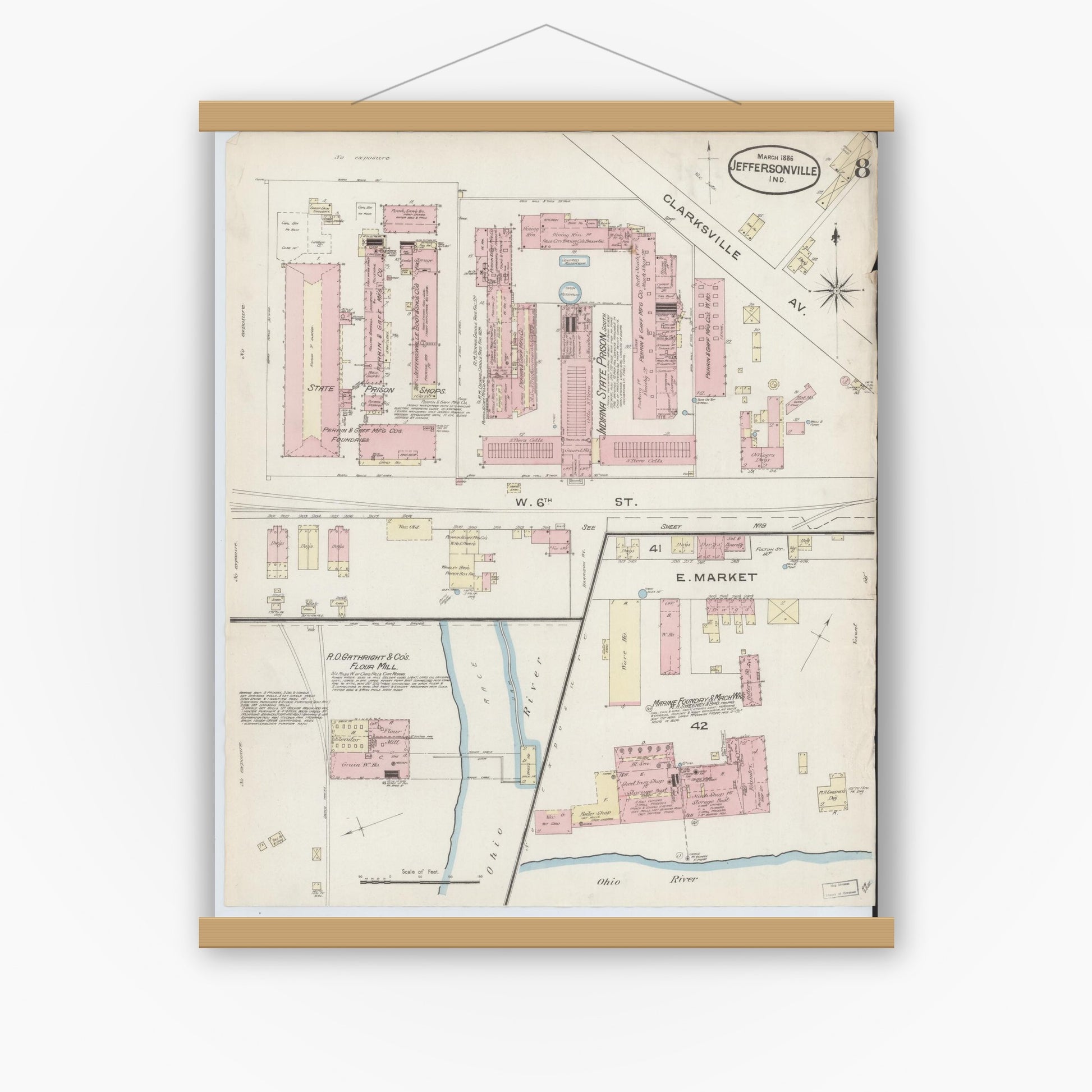 Old map wall art mockup — magnetic wood frame on white wall — Sanborn Fire Insurance Map from Jeffersonville, Clark County, Indiana (1886), Sheet #0008