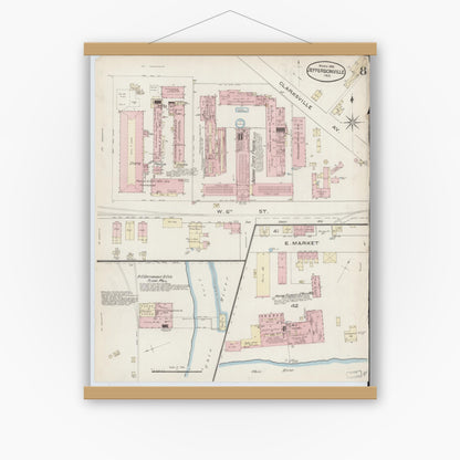 Old map wall art mockup — magnetic wood frame on white wall — Sanborn Fire Insurance Map from Jeffersonville, Clark County, Indiana (1886), Sheet #0008