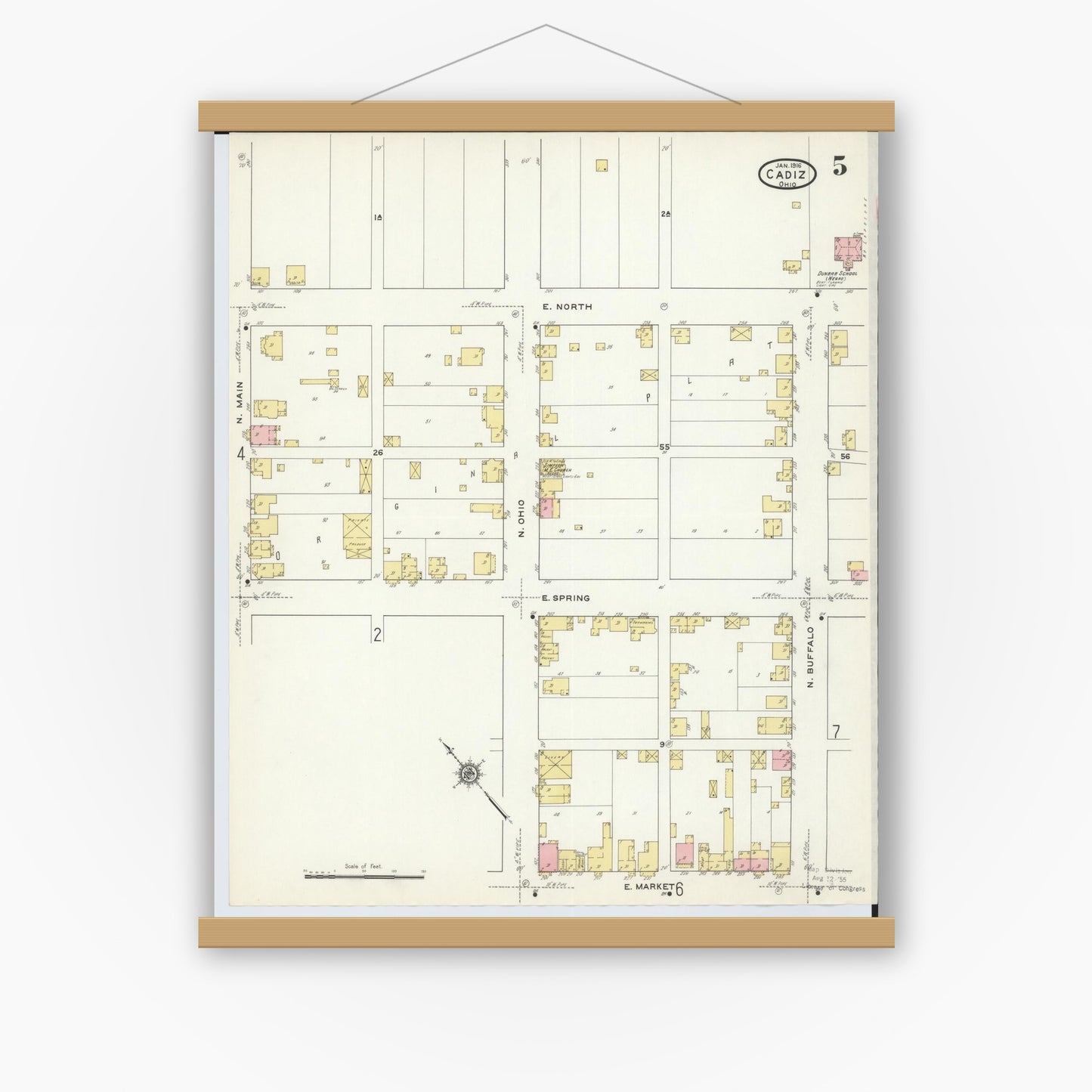 Old map wall art mockup — magnetic wood frame on white wall — Sanborn Fire Insurance Map from Cadiz, Harrison County, Ohio (1916), Sheet #0005