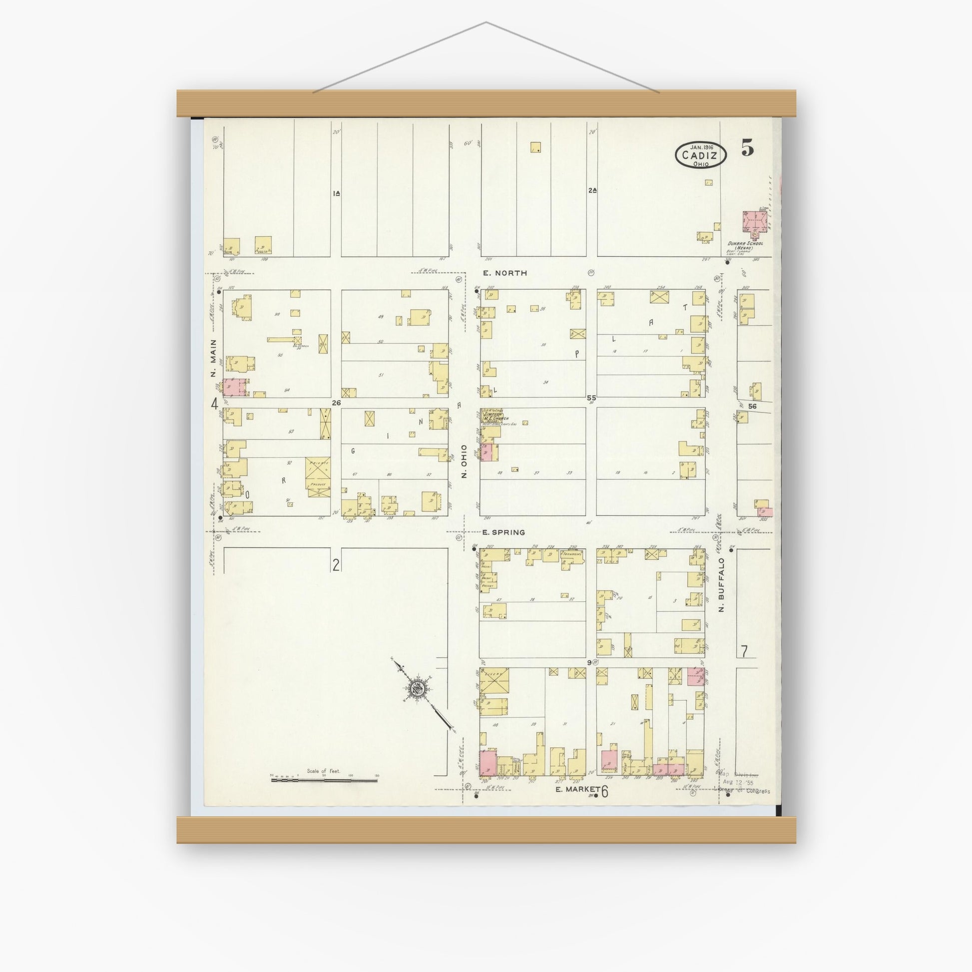 Old map wall art mockup — magnetic wood frame on white wall — Sanborn Fire Insurance Map from Cadiz, Harrison County, Ohio (1916), Sheet #0005