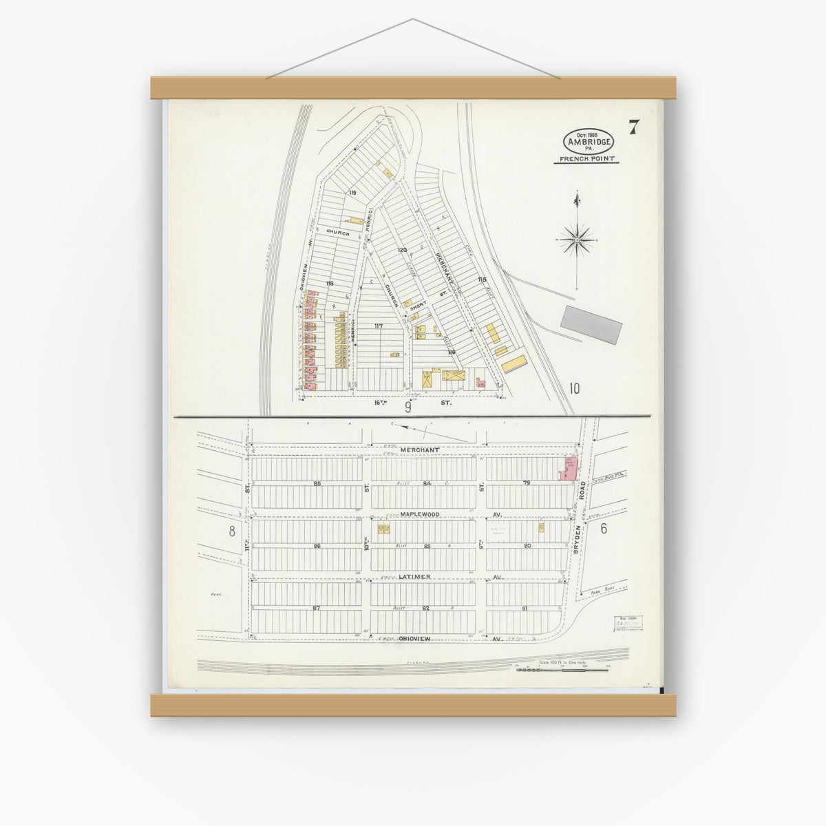 Old map wall art mockup — magnetic wood frame on white wall — Sanborn Fire Insurance Map from Ambridge, Beaver County, Pennsylvania (1905), Sheet #0007