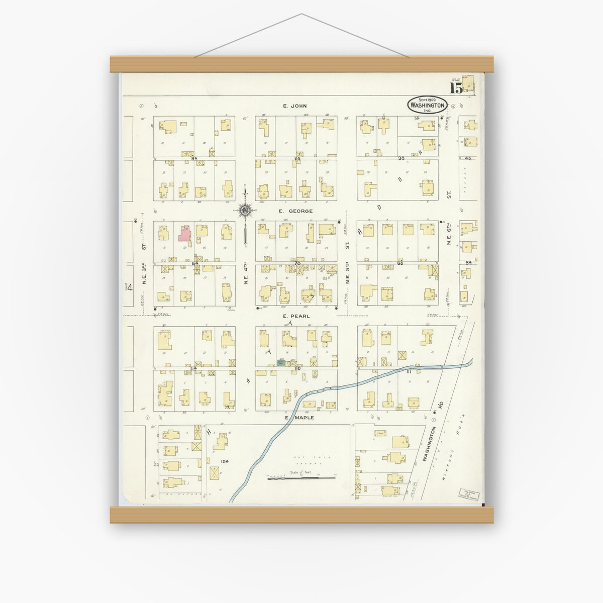 Old map wall art mockup — magnetic wood frame on white wall — Sanborn Fire Insurance Map from Washington, Daviess County, Indiana (1909), Sheet #0015