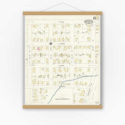 Old map wall art mockup — magnetic wood frame on white wall — Sanborn Fire Insurance Map from Washington, Daviess County, Indiana (1909), Sheet #0015