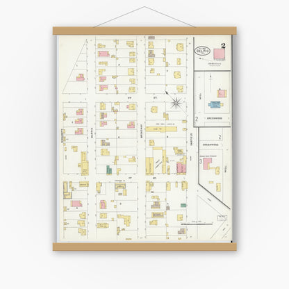 Old map wall art mockup — magnetic wood frame on white wall — Sanborn Fire Insurance Map from Del Rio, Val Verde County, Texas (1905), Sheet #0002