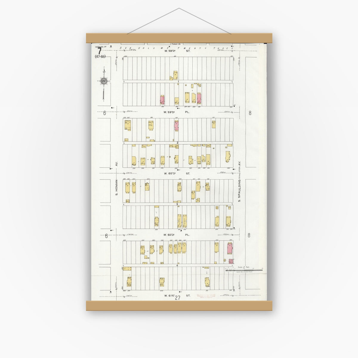 Old map wall art mockup — magnetic wood frame on white wall — Sanborn Fire Insurance Map from Chicago, Cook County, Illinois (1920), Sheet #0007
