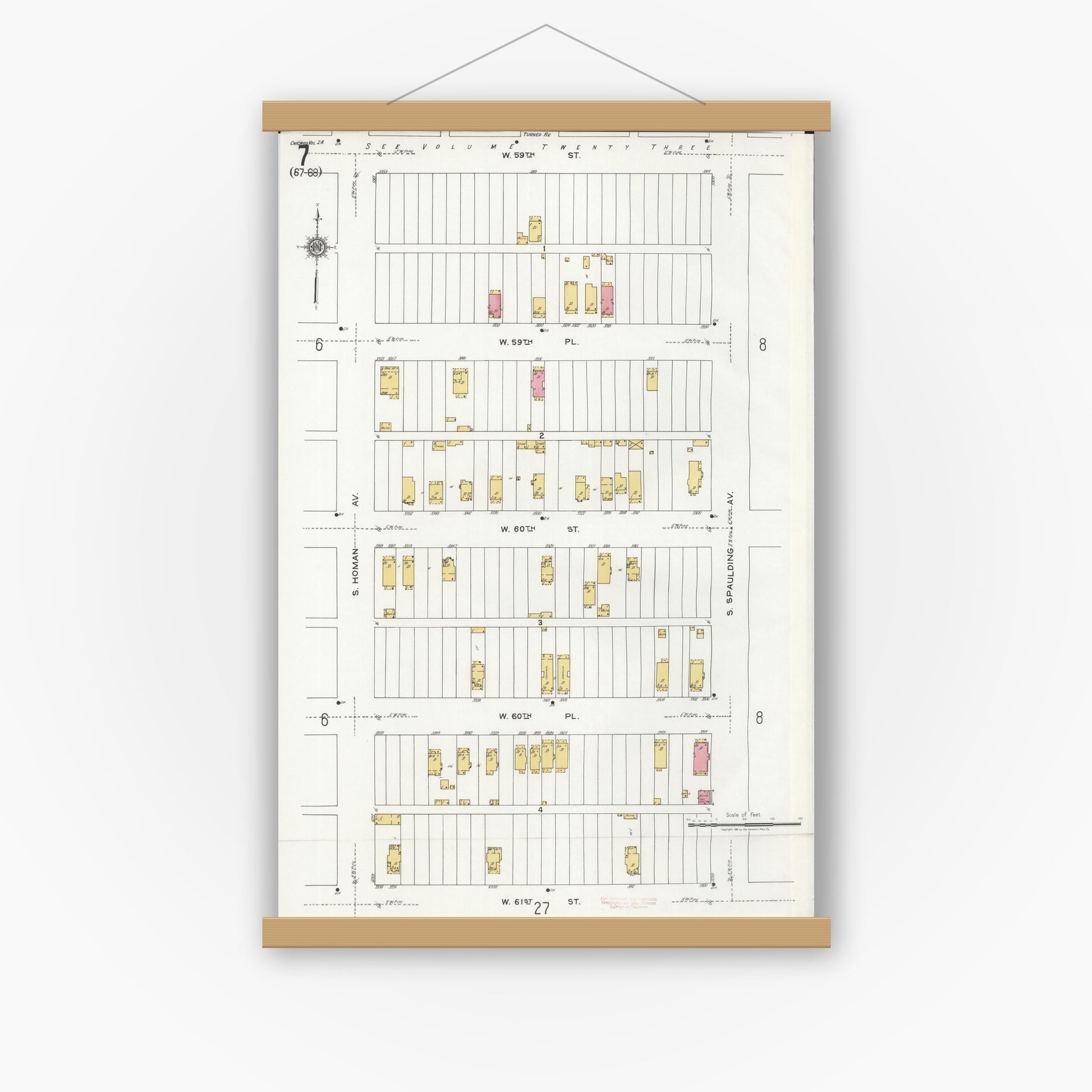 Old map wall art mockup — magnetic wood frame on white wall — Sanborn Fire Insurance Map from Chicago, Cook County, Illinois (1920), Sheet #0007