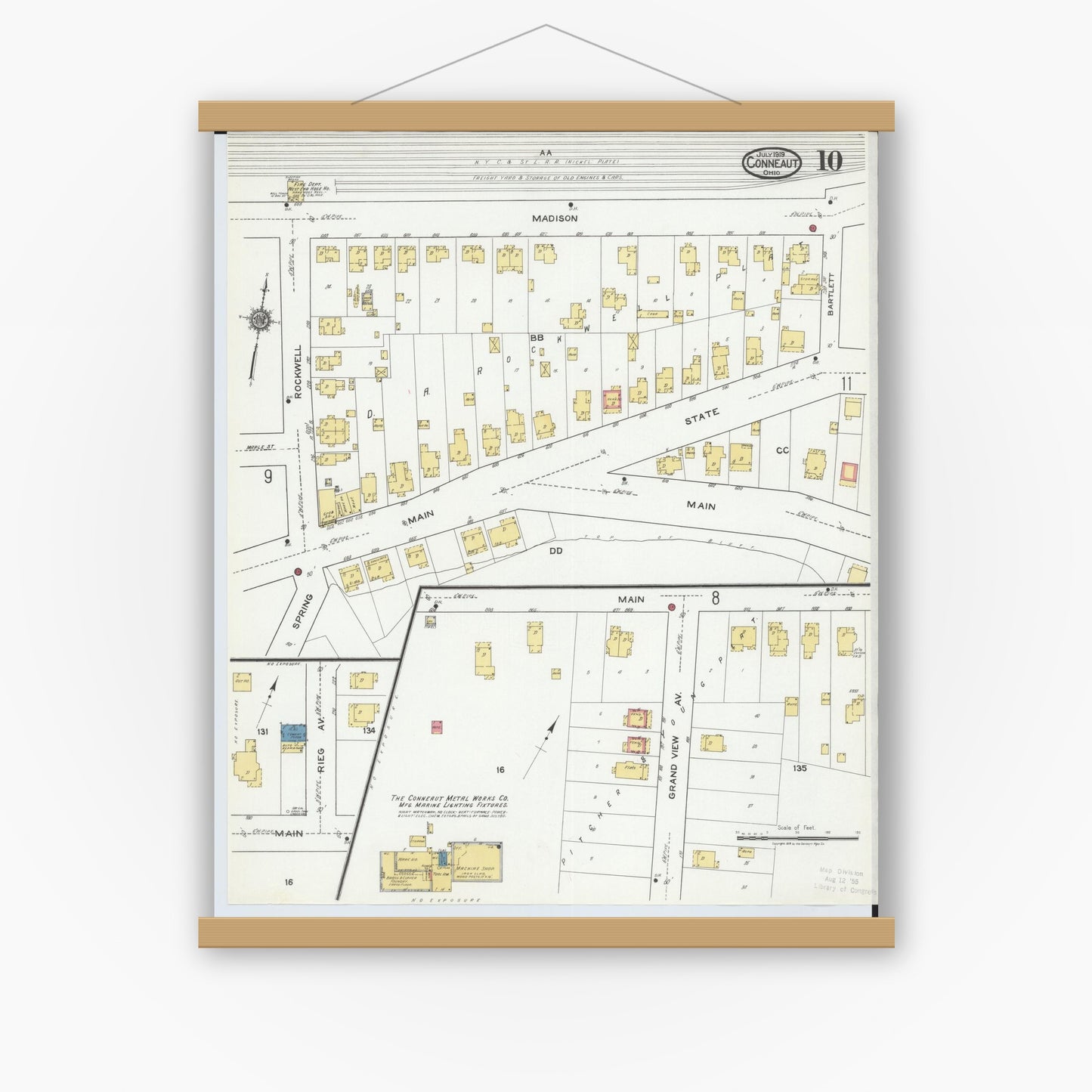 Old map wall art mockup — magnetic wood frame on white wall — Sanborn Fire Insurance Map from Conneaut, Ashtabula County, Ohio (1919), Sheet #0010