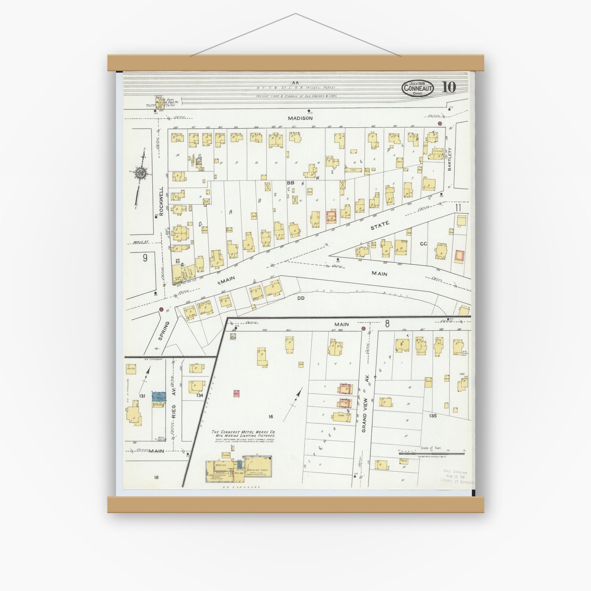 Old map wall art mockup — magnetic wood frame on white wall — Sanborn Fire Insurance Map from Conneaut, Ashtabula County, Ohio (1919), Sheet #0010