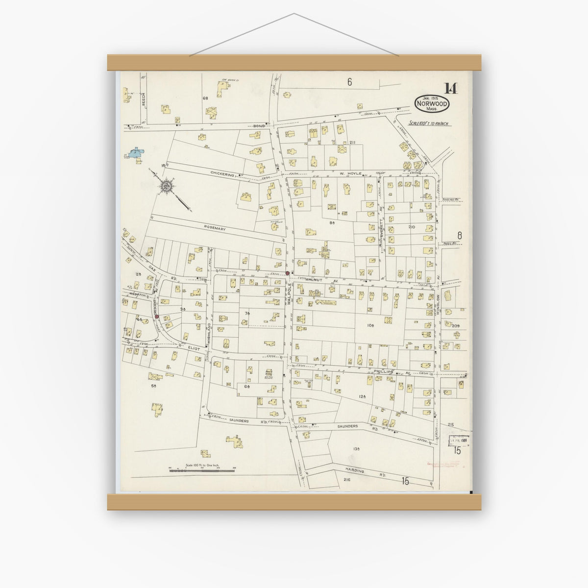 Old map wall art mockup — magnetic wood frame on white wall — Sanborn Fire Insurance Map from Norwood, Norfolk County, Massachusetts (1915), Sheet #0014
