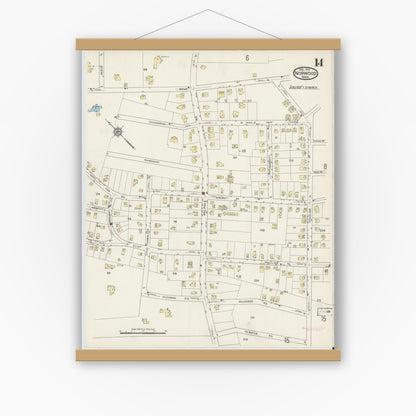 Old map wall art mockup — magnetic wood frame on white wall — Sanborn Fire Insurance Map from Norwood, Norfolk County, Massachusetts (1915), Sheet #0014
