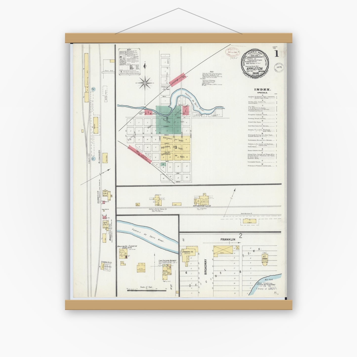 Old map wall art mockup — magnetic wood frame on white wall — Sanborn Fire Insurance Map from Appleton, Swift County, Minnesota (1899) - Complete Map Set