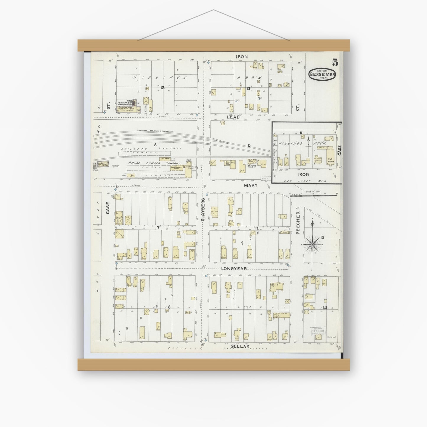 Old map wall art mockup — magnetic wood frame on white wall — Sanborn Fire Insurance Map from Bessemer, Gogebic County, Michigan (1891), Sheet #0005