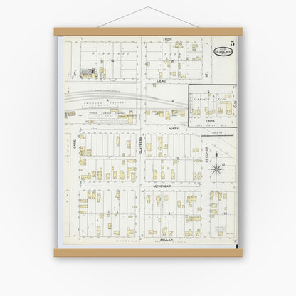 Old map wall art mockup — magnetic wood frame on white wall — Sanborn Fire Insurance Map from Bessemer, Gogebic County, Michigan (1891), Sheet #0005