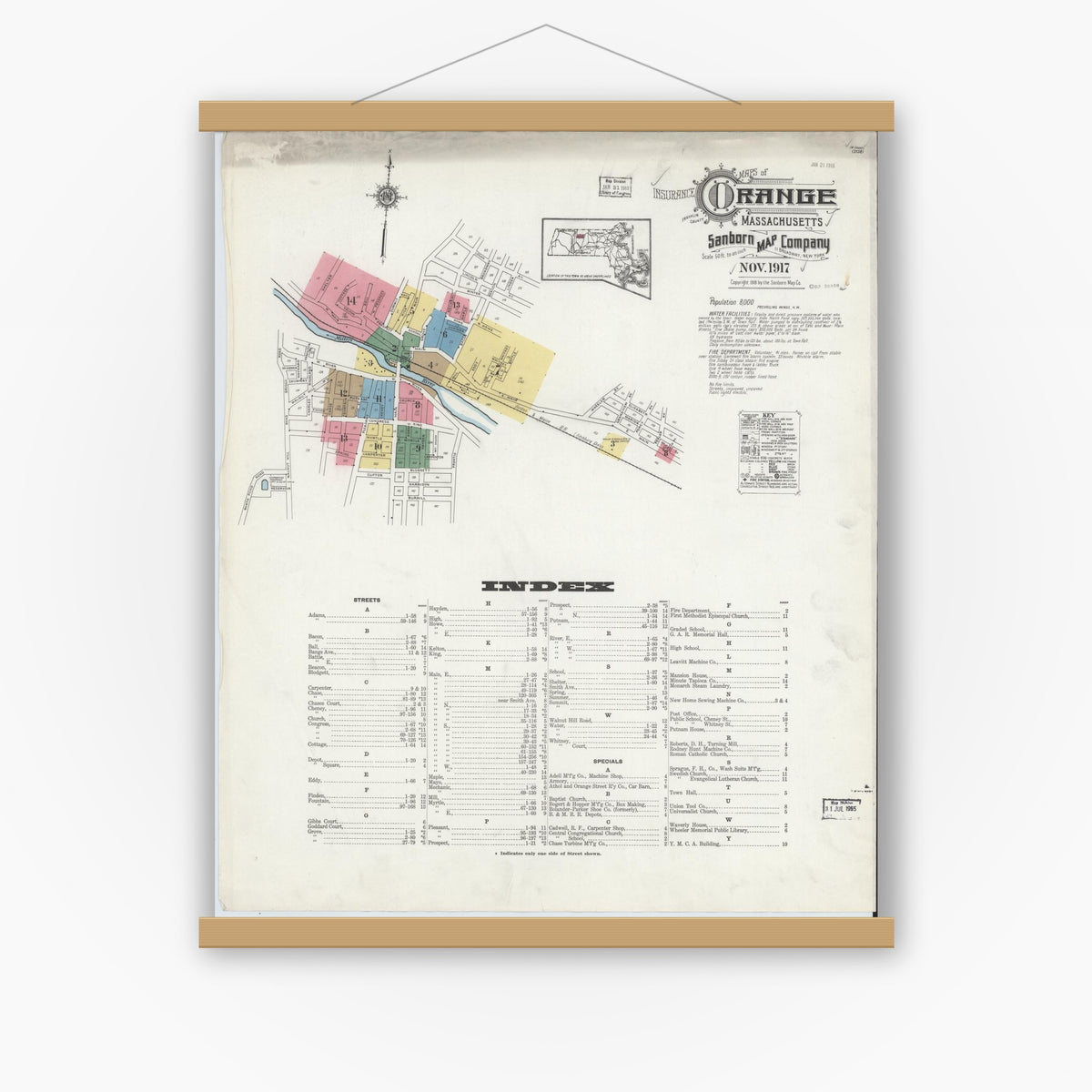 Old map wall art mockup — magnetic wood frame on white wall — Sanborn Fire Insurance Map from Orange, Franklin County, Massachusetts (1917) - Complete Map Set