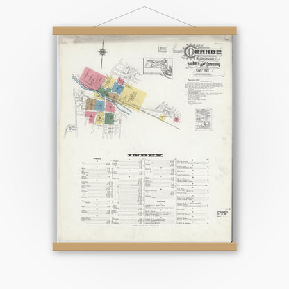 Old map wall art mockup — magnetic wood frame on white wall — Sanborn Fire Insurance Map from Orange, Franklin County, Massachusetts (1917) - Complete Map Set