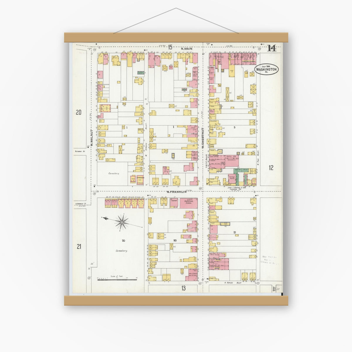 Old map wall art mockup — magnetic wood frame on white wall — Sanborn Fire Insurance Map from Washington, Washington County, Pennsylvania (1904), Sheet #0014
