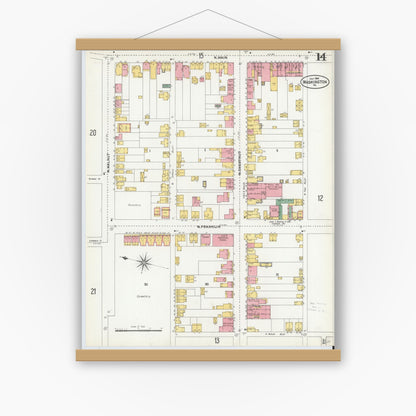 Old map wall art mockup — magnetic wood frame on white wall — Sanborn Fire Insurance Map from Washington, Washington County, Pennsylvania (1904), Sheet #0014