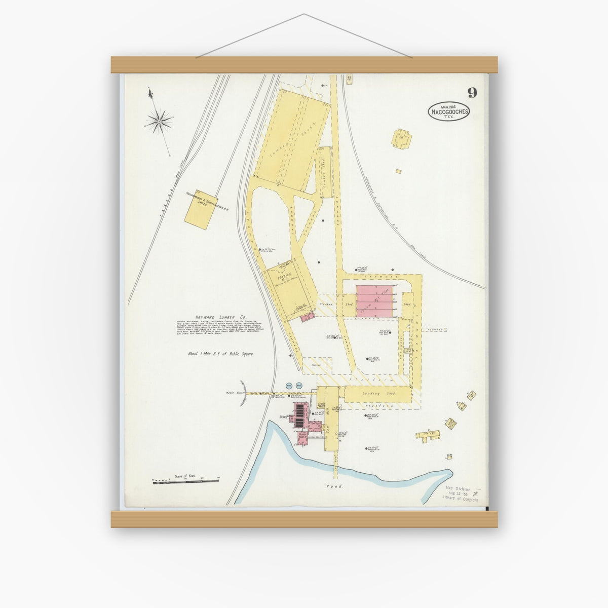 Old map wall art mockup — magnetic wood frame on white wall — Sanborn Fire Insurance Map from Nacogdoches, Nacogdoches County, Texas (1906), Sheet #0009
