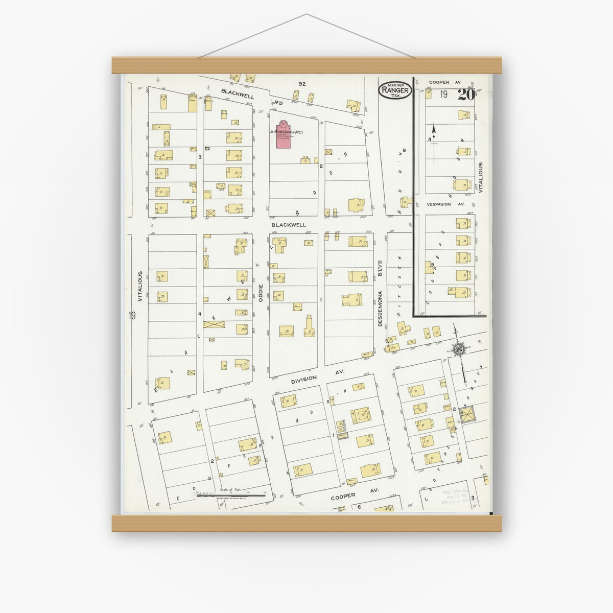 Old map wall art mockup — magnetic wood frame on white wall — Sanborn Fire Insurance Map from Ranger, Eastland County, Texas (1920), Sheet #0020