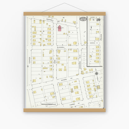 Old map wall art mockup — magnetic wood frame on white wall — Sanborn Fire Insurance Map from Ranger, Eastland County, Texas (1920), Sheet #0020
