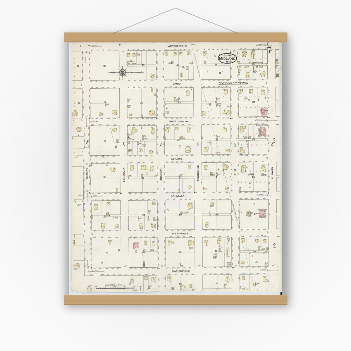 Old map wall art mockup — magnetic wood frame on white wall — Sanborn Fire Insurance Map from Midland, Midland County, Texas (1914), Sheet #0007