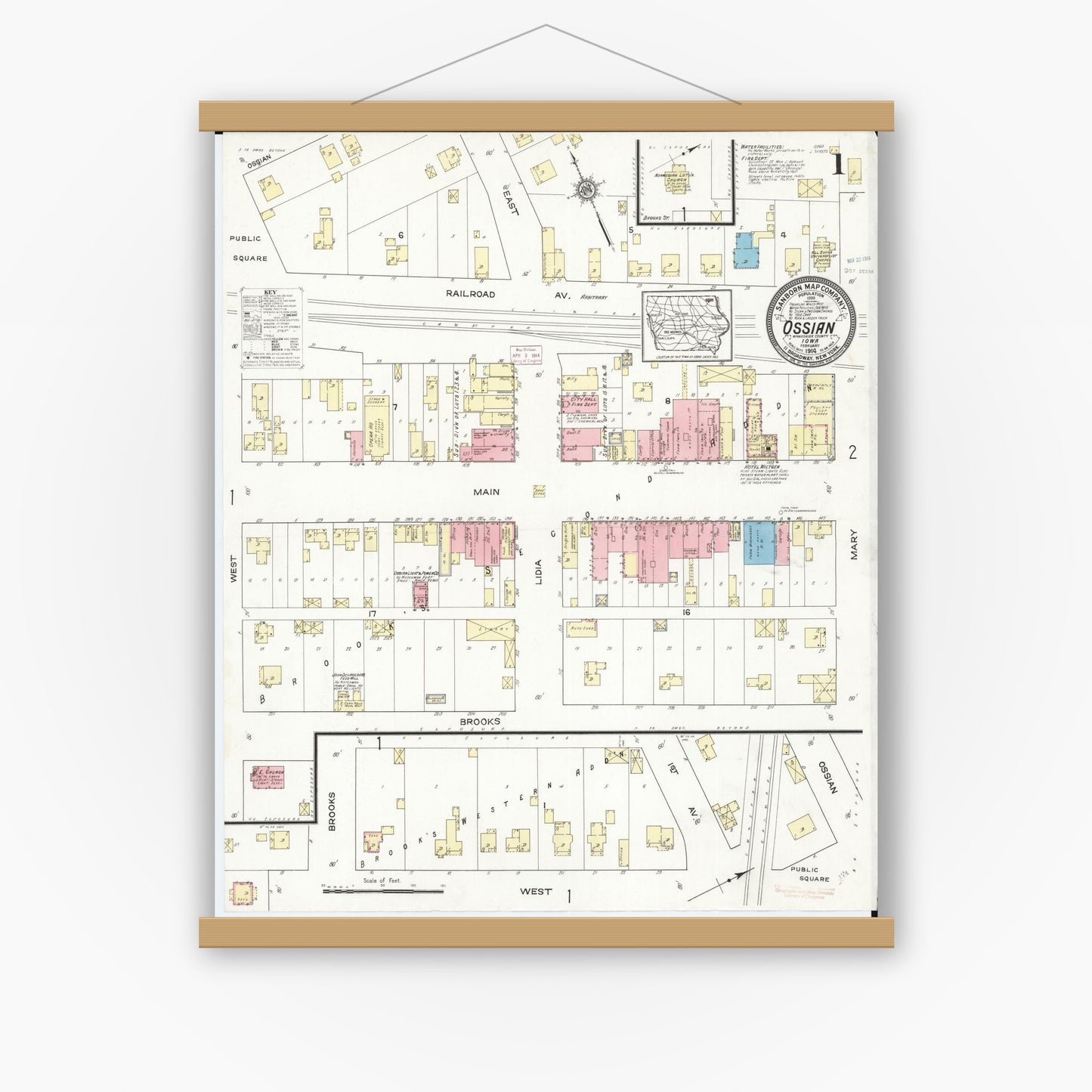 Old map wall art mockup — magnetic wood frame on white wall — Sanborn Fire Insurance Map from Ossian, Winneshiek County, Iowa (1914) â€” Complete Set