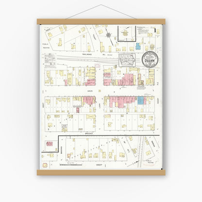 Old map wall art mockup — magnetic wood frame on white wall — Sanborn Fire Insurance Map from Ossian, Winneshiek County, Iowa (1914) â€” Complete Set