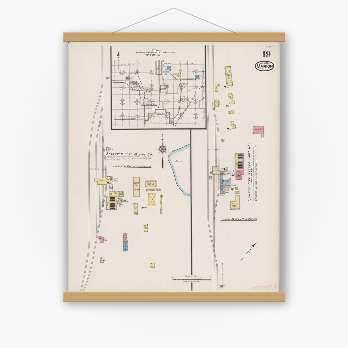 Old map wall art mockup — magnetic wood frame on white wall — Sanborn Fire Insurance Map from Marion, Williamson County, Illinois (1922), Sheet #0019