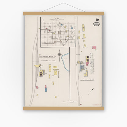 Old map wall art mockup — magnetic wood frame on white wall — Sanborn Fire Insurance Map from Marion, Williamson County, Illinois (1922), Sheet #0019