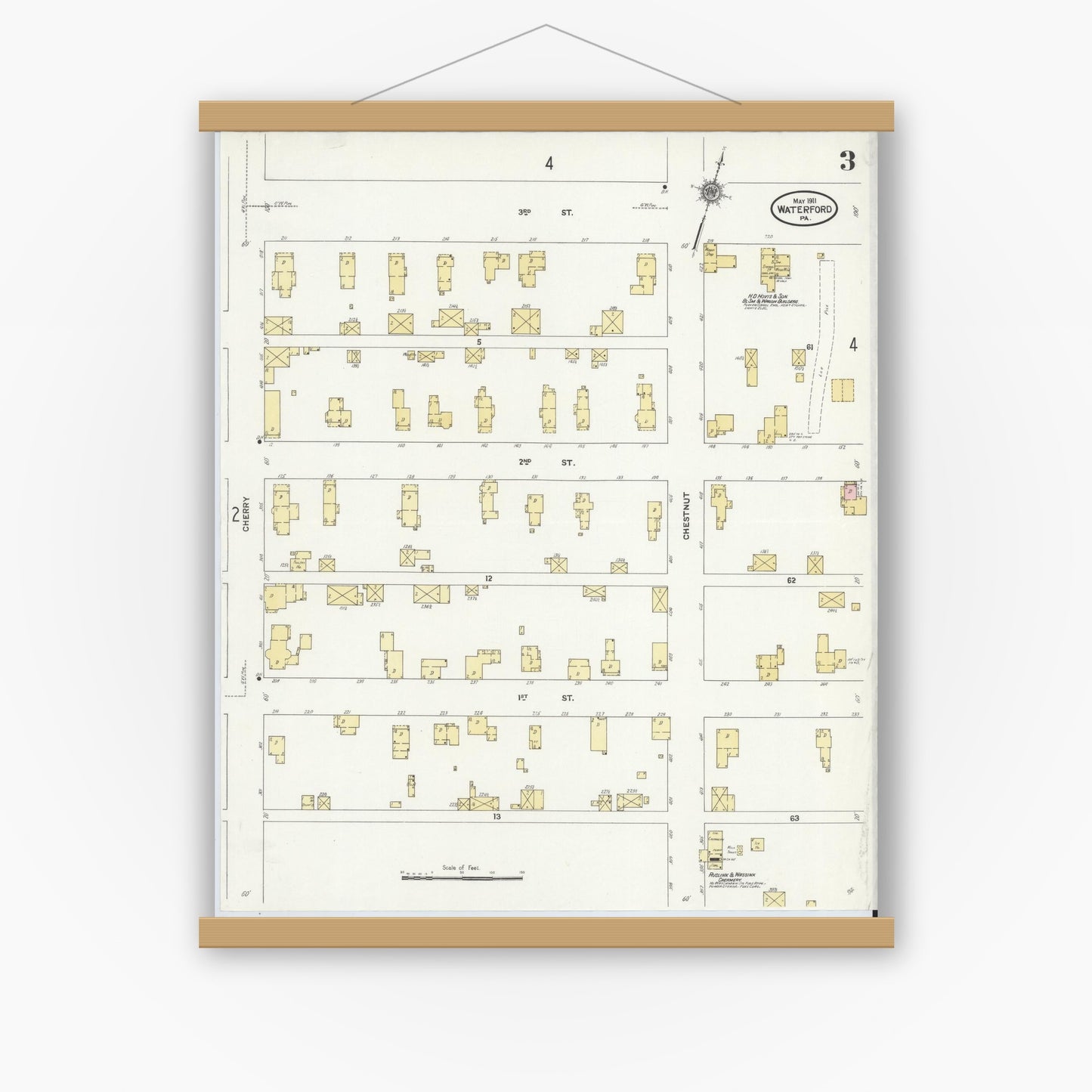 Old map wall art mockup — magnetic wood frame on white wall — Sanborn Fire Insurance Map from Waterford, Erie County, Pennsylvania (1911), Sheet #0003