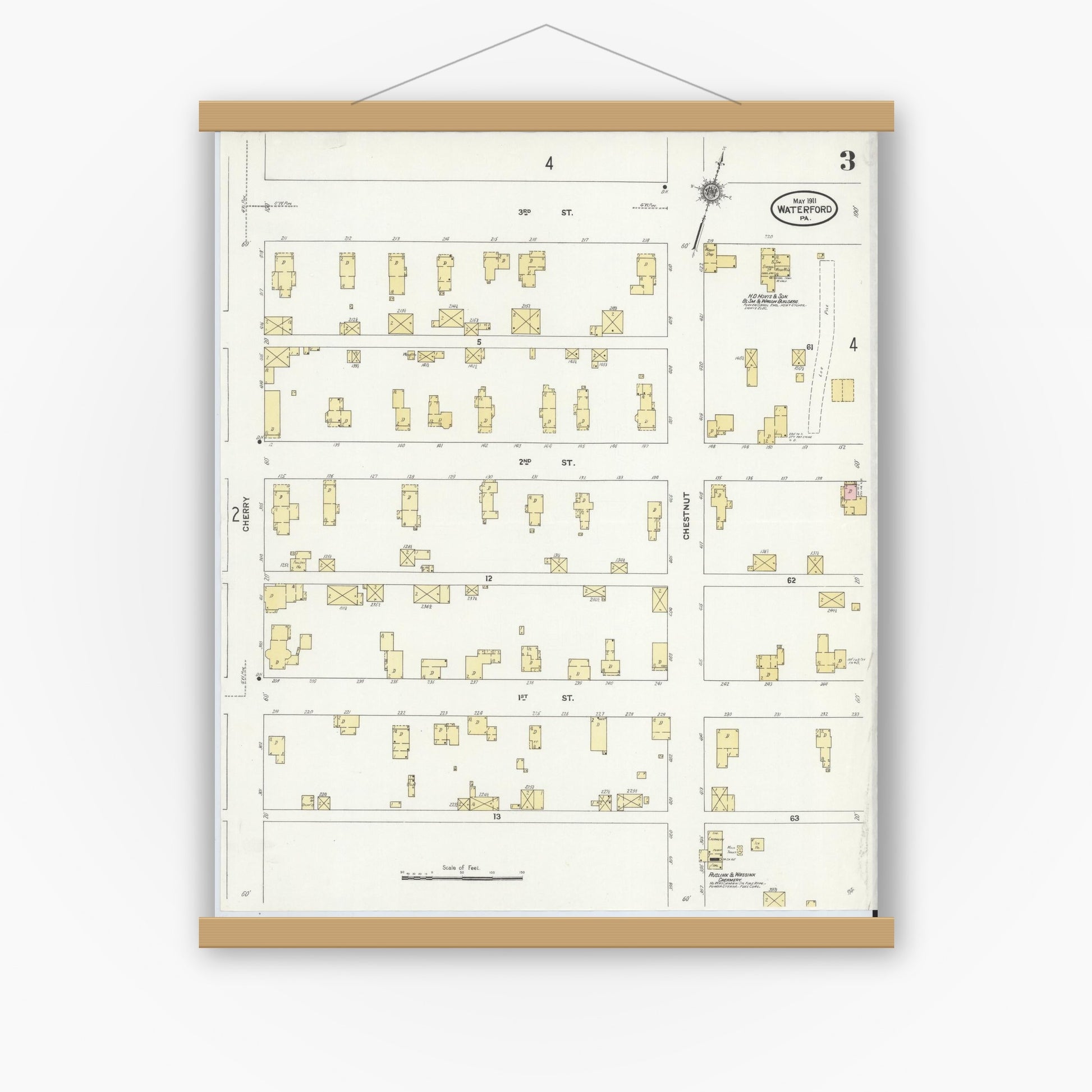 Old map wall art mockup — magnetic wood frame on white wall — Sanborn Fire Insurance Map from Waterford, Erie County, Pennsylvania (1911), Sheet #0003