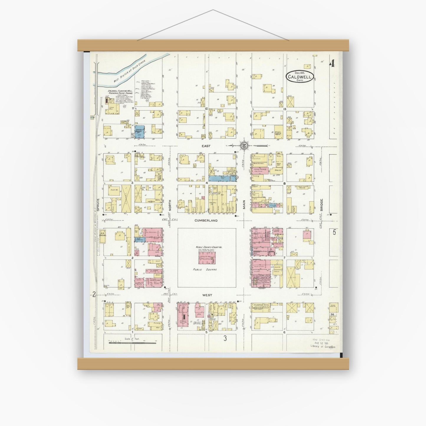 Old map wall art mockup — magnetic wood frame on white wall — Sanborn Fire Insurance Map from Caldwell, Noble County, Ohio (1911), Sheet #0004
