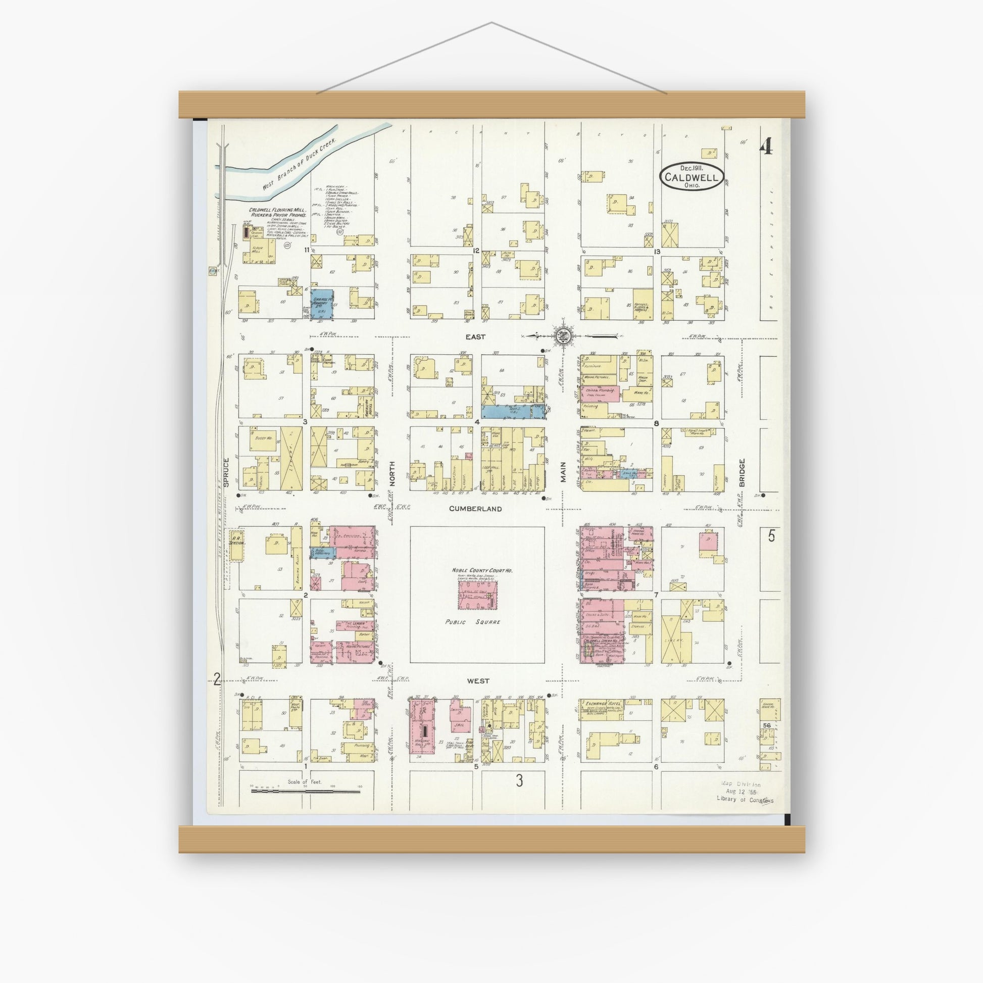 Old map wall art mockup — magnetic wood frame on white wall — Sanborn Fire Insurance Map from Caldwell, Noble County, Ohio (1911), Sheet #0004