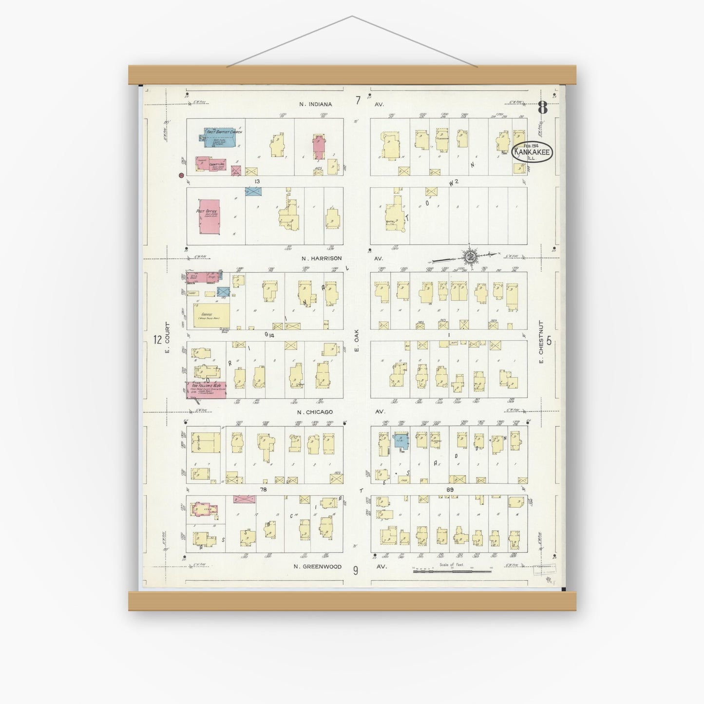 Old map wall art mockup — magnetic wood frame on white wall — Sanborn Fire Insurance Map from Kankakee, Kankakee County, Illinois (1914), Sheet #0008