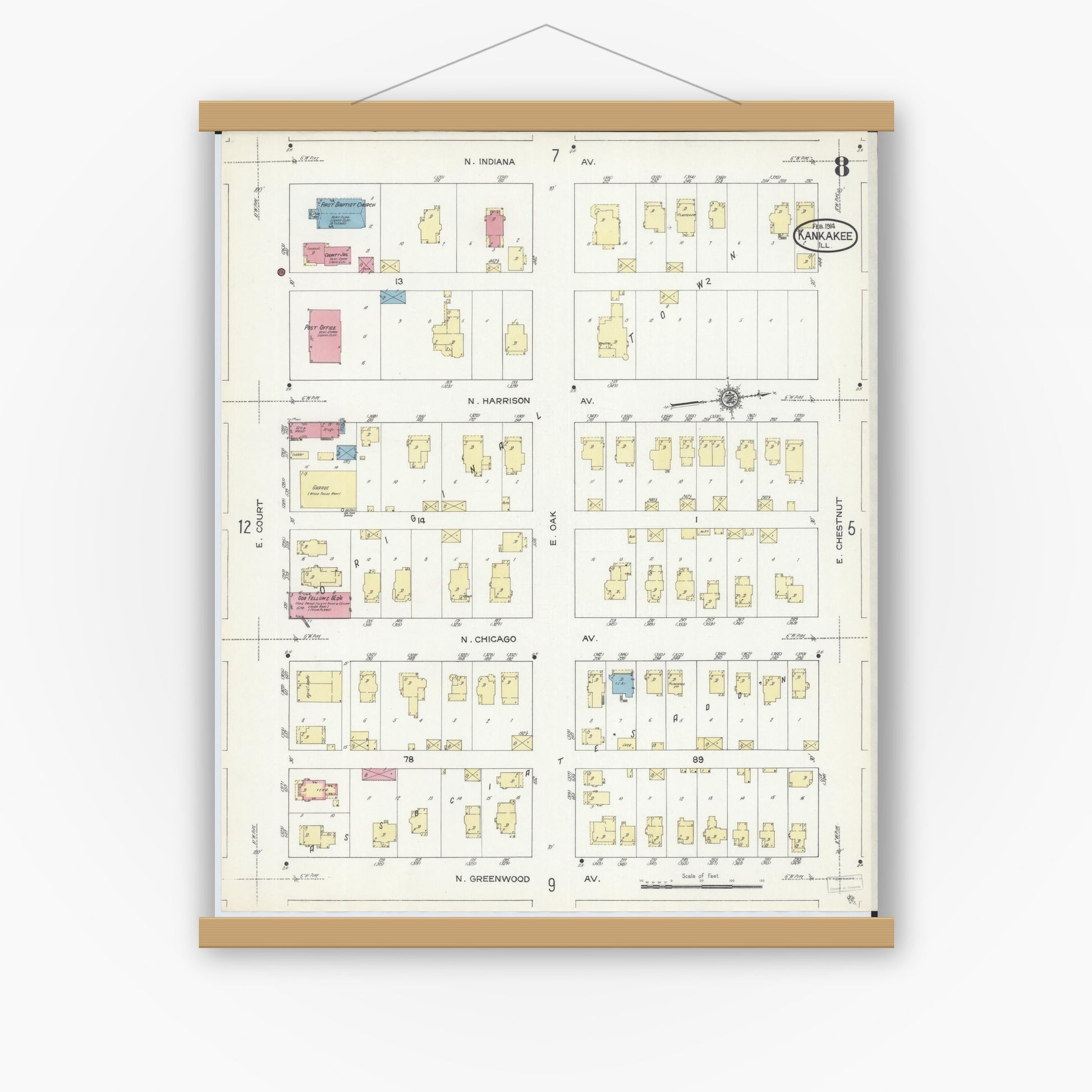 Old map wall art mockup — magnetic wood frame on white wall — Sanborn Fire Insurance Map from Kankakee, Kankakee County, Illinois (1914), Sheet #0008