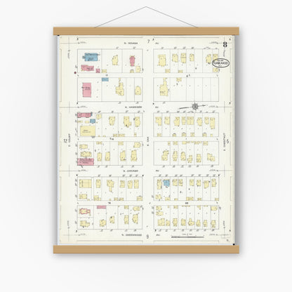 Old map wall art mockup — magnetic wood frame on white wall — Sanborn Fire Insurance Map from Kankakee, Kankakee County, Illinois (1914), Sheet #0008