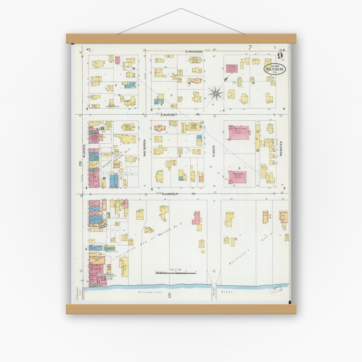 Old map wall art mockup — magnetic wood frame on white wall — Sanborn Fire Insurance Map from Belvidere, Boone County, Illinois (1904), Sheet #0009