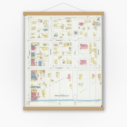 Old map wall art mockup — magnetic wood frame on white wall — Sanborn Fire Insurance Map from Belvidere, Boone County, Illinois (1904), Sheet #0009