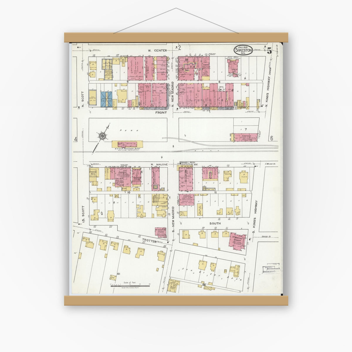Old map wall art mockup — magnetic wood frame on white wall — Sanborn Fire Insurance Map from Sikeston, Scott County, Missouri (1919), Sheet #0005