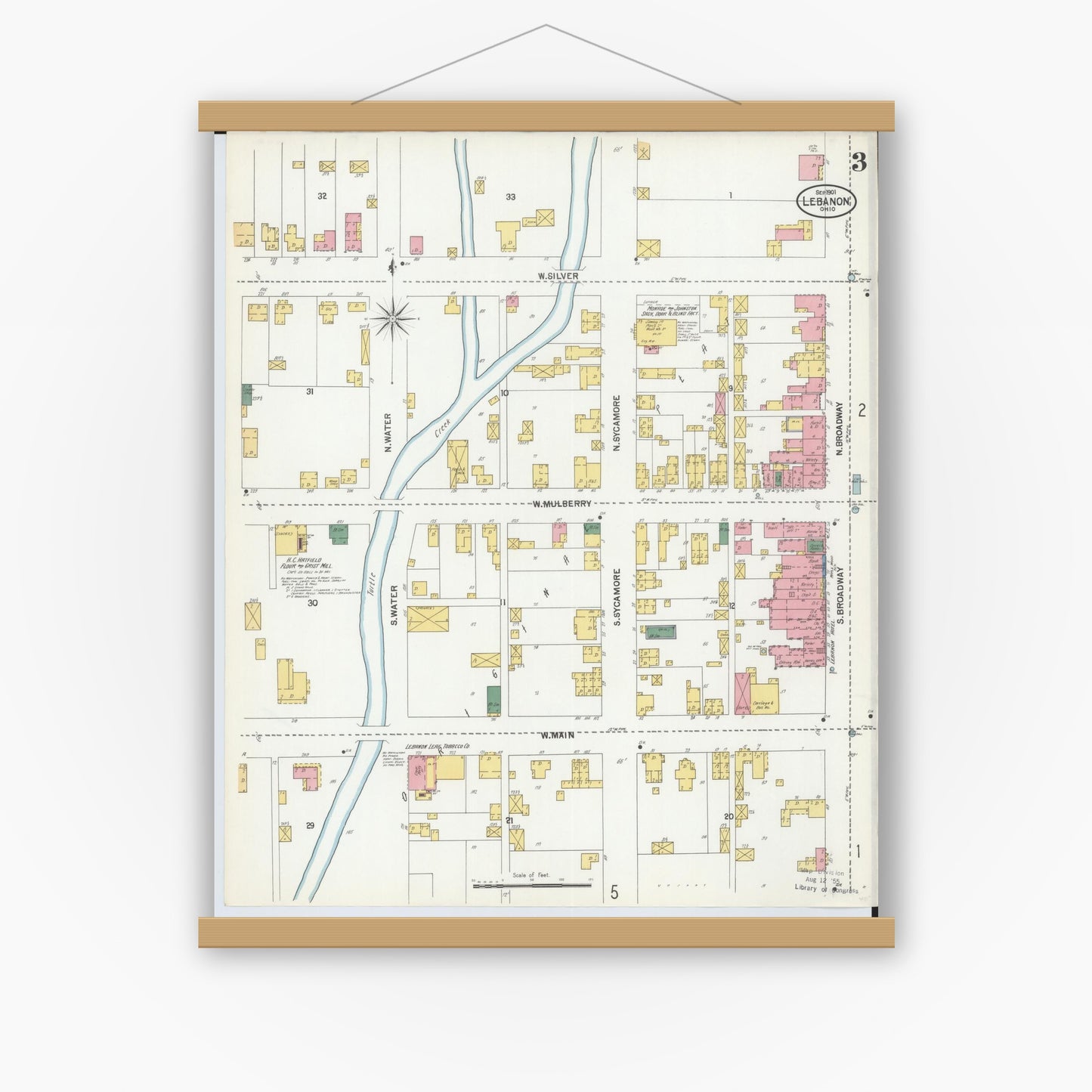 Old map wall art mockup — magnetic wood frame on white wall — Sanborn Fire Insurance Map from Lebanon, Warren County, Ohio (1901), Sheet #0003